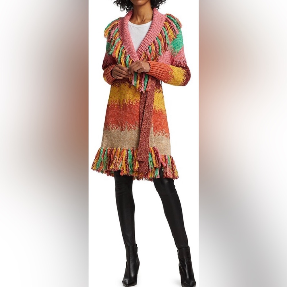 Alice + Olivia Astrid Textured Fringe Shawl Collar Coat